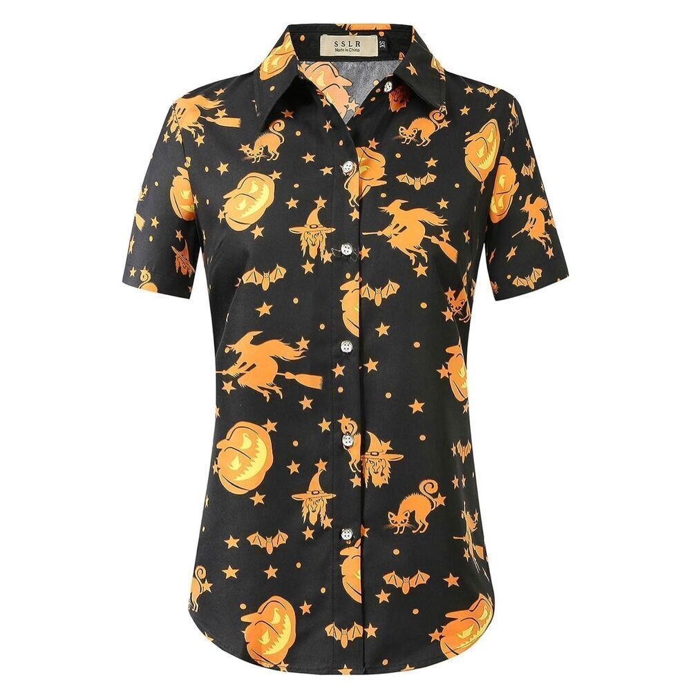 NWT‎ Halloween Shirt Women’s Pumpkin Short Sleeve Button Up Funny 3XL XXXL